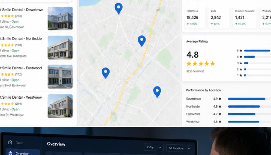 Local SEO dashboard showing clinic branches, map rankings and reviews