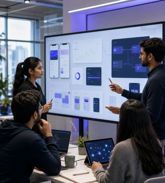 Product designers, software engineers and AI specialists collaborating on a digital platform