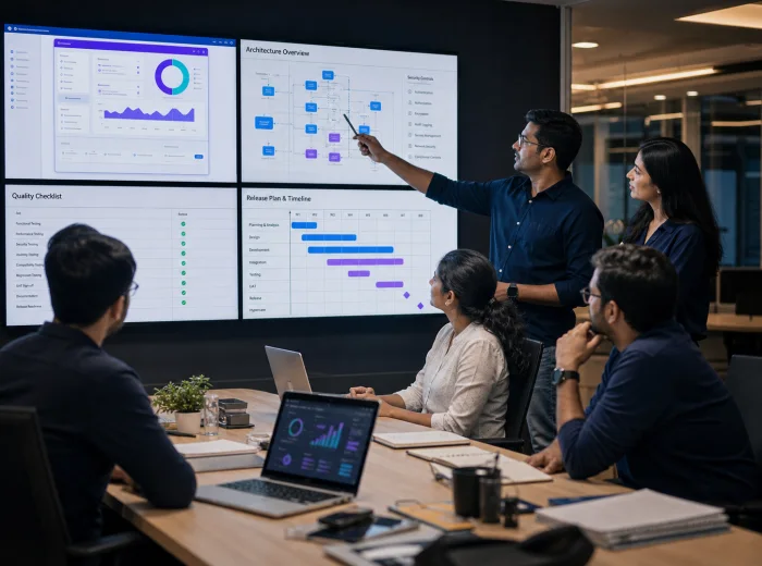 Experienced software delivery team reviewing architecture, quality checks and a release plan